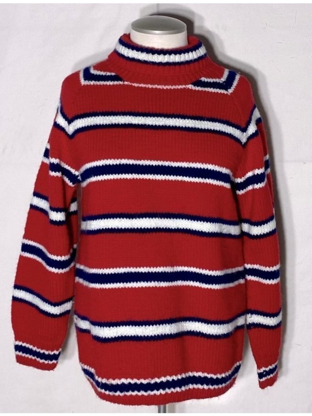 Handmade Knit Red White Blue Striped Turtleneck Sweater M